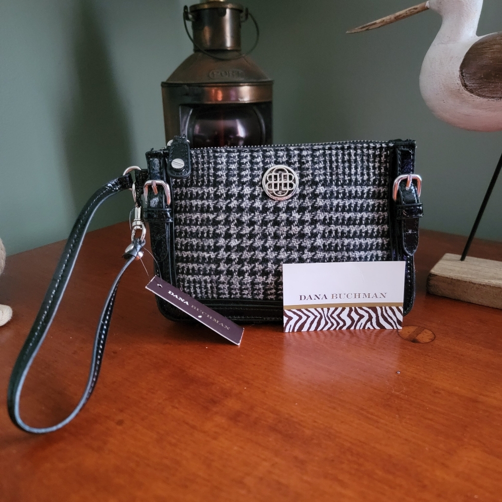 NWT Dana Buchman Houndstooth Tweed Black Gray Wristlet Bag